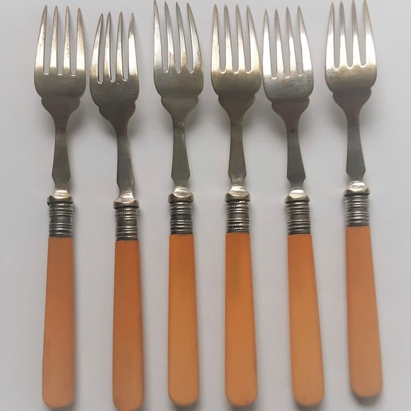 VTG Antique French Ivory Celluloid Handle Silver Plate Forks & Knieves Set of 12 - Picture 6 of 10